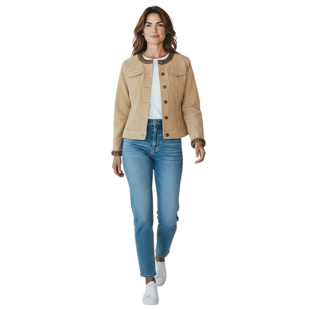 ELIE TAHARI Cotton Leather Blingy Trim Jacket in Cream Size Small — GORGEOUS!!! - Picture 11 of 11